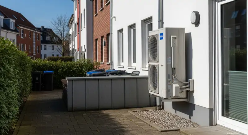 Servicetechniker wartet Wärmepumpen-Außeneinheit in Kiel bei maritimem Klima