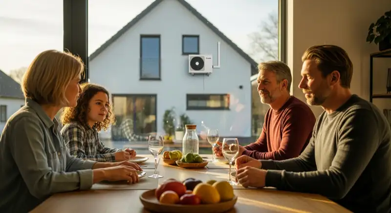 Wärmepumpe an einem Koblenzer Altbau mit Mosel-Panorama im Hintergrund, moderne Luft-Wasser-Wärmepumpe