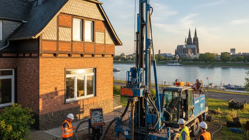 Brunnenbohrung für Grundwasser-Wärmepumpe in der Nähe des Rheins in Köln