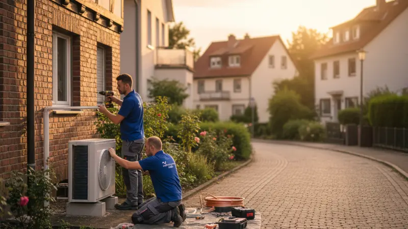Fachbetrieb installiert Wärmepumpe an einem Kölner Wohnhaus