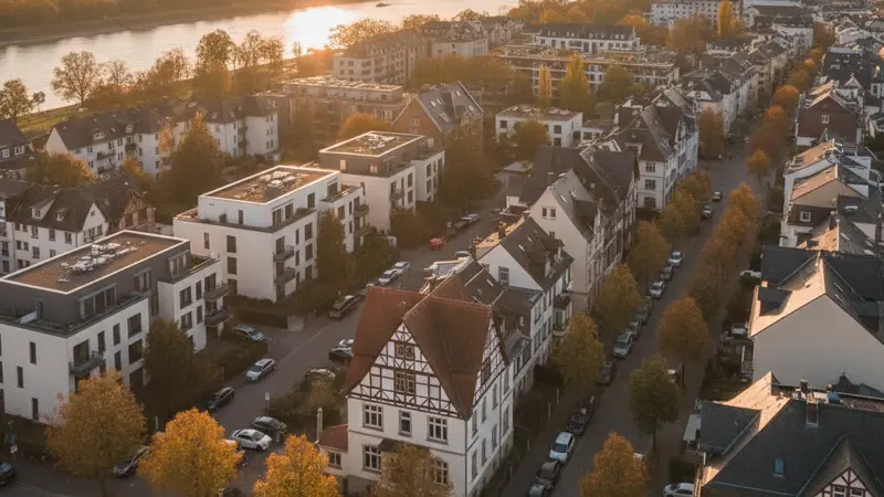 Kölner Wohnviertel mit gemischter Architektur, Blick über Dächer Richtung Rhein
