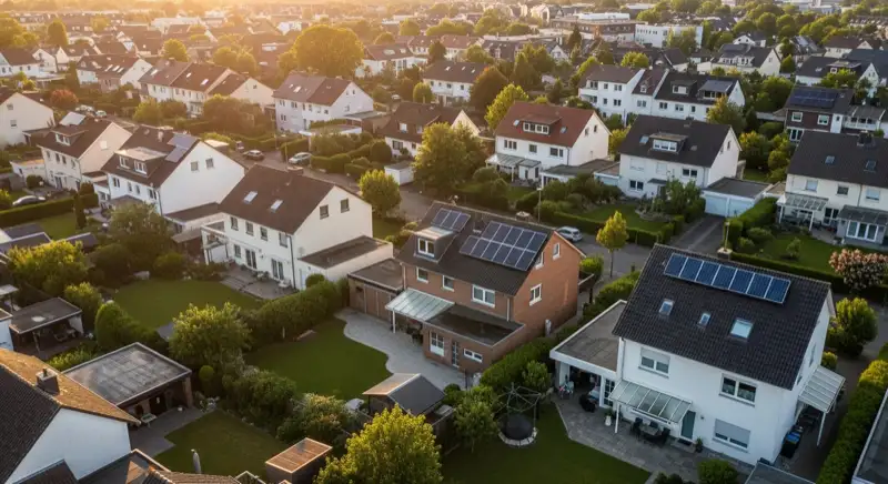 Aerial drone view of typical German residential neighborhood with mixed roof types, red and dark roof tiles, gardens visible, sunny day