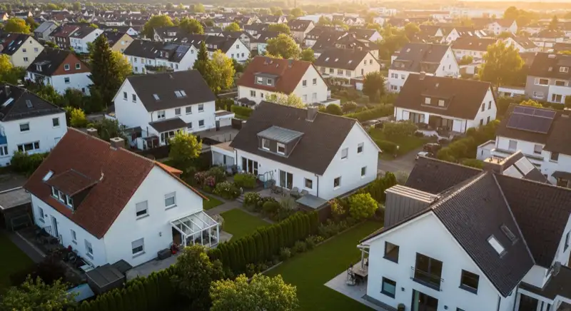 Aerial drone view of typical German residential neighborhood with mixed roof types, red and dark roof tiles, gardens visible, sunny day