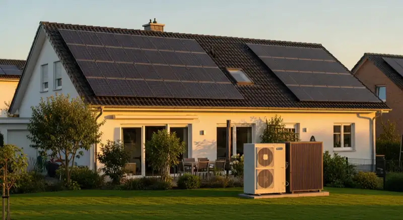 Einfamilienhaus in Krefeld mit Photovoltaik-Anlage auf dem Dach und Wärmepumpen-Außeneinheit im Garten