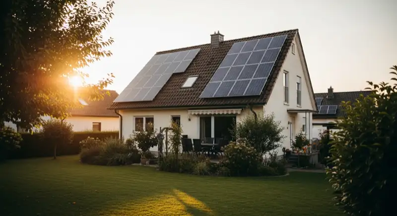 German detached house (Einfamilienhaus) with photovoltaic panels on pitched roof, well-maintained garden, warm afternoon sunlight