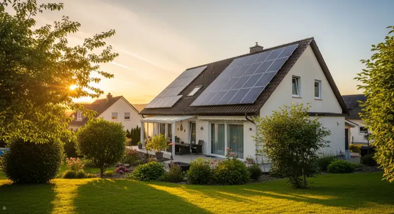 German detached house (Einfamilienhaus) with photovoltaic panels on pitched roof, well-maintained garden, warm afternoon sunlight
