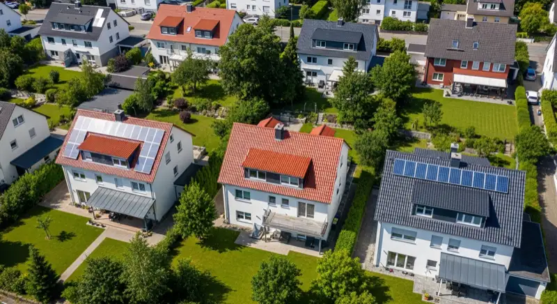 Aerial drone view of typical German residential neighborhood with mixed roof types, red and dark roof tiles, gardens visible, sunny day