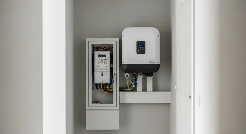 Modern German electrical meter cabinet (Zählerschrank) with smart meter and solar inverter connection, clean technical installation