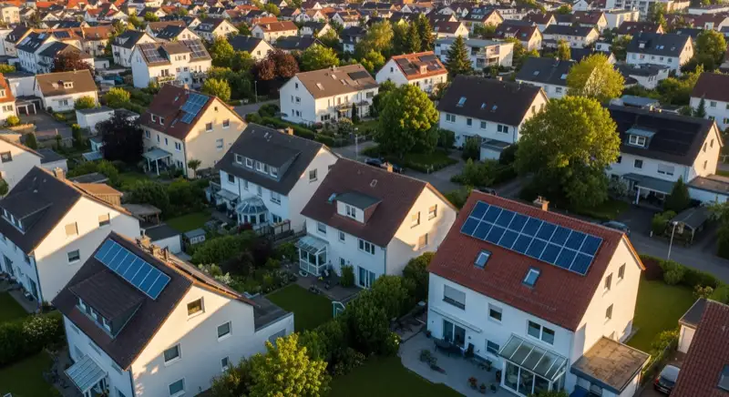 Aerial drone view of typical German residential neighborhood with mixed roof types, red and dark roof tiles, gardens visible, sunny day