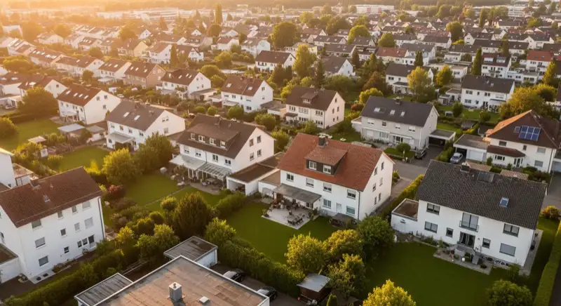 Aerial drone view of typical German residential neighborhood with mixed roof types, red and dark roof tiles, gardens visible, sunny day