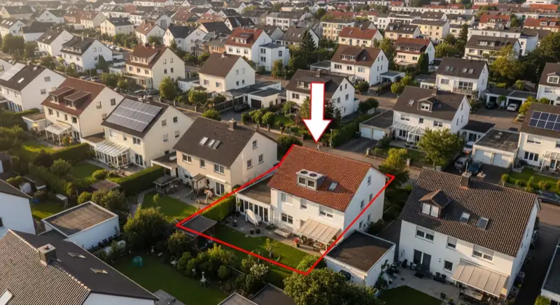 Aerial drone view of typical German residential neighborhood with mixed roof types, red and dark roof tiles, gardens visible, sunny day