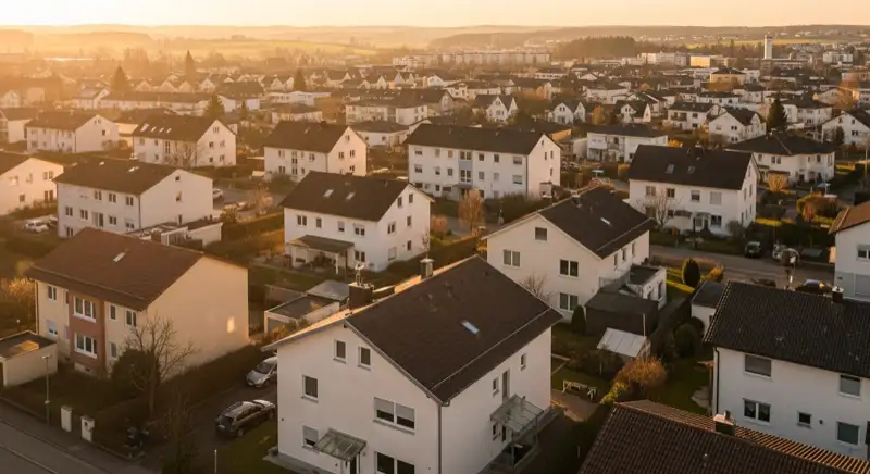 Wohngebiete in Landshut mit verschiedenen Bauformen, typische Einfamilienhäuser und Dachstrukturen aus der Luft