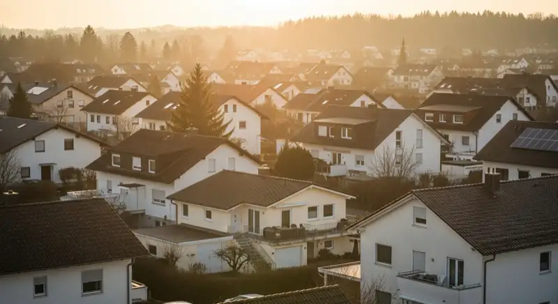 Wohngebiete in Landshut mit verschiedenen Bauformen, typische Einfamilienhäuser und Dachstrukturen aus der Luft