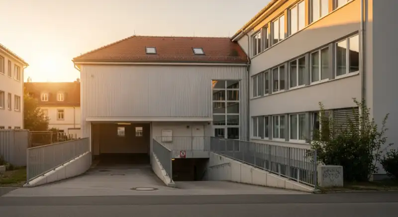 Blick auf das Stadtwerke-Gebäude in Landshut mit Service-Eingang, lokale Versorgeratmosphäre