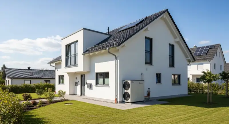 Modernes Einfamilienhaus in Landshut-Münchnerau mit effizienter Luft-Wasser-Wärmepumpe im Vorgarten