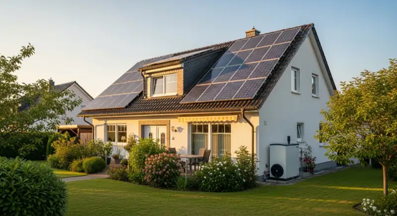German detached house (Einfamilienhaus) with photovoltaic panels on pitched roof, well-maintained garden, warm afternoon sunlight