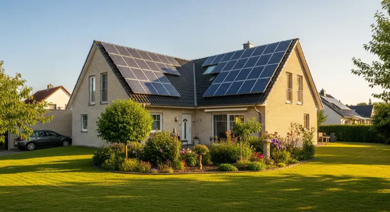 German detached house (Einfamilienhaus) with photovoltaic panels on pitched roof, well-maintained garden, warm afternoon sunlight