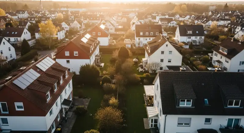 Aerial drone view of typical German residential neighborhood with mixed roof types, red and dark roof tiles, gardens visible, sunny day