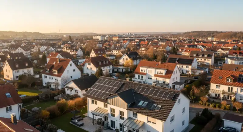 Aerial drone view of typical German residential neighborhood with mixed roof types, red and dark roof tiles, gardens visible, sunny day