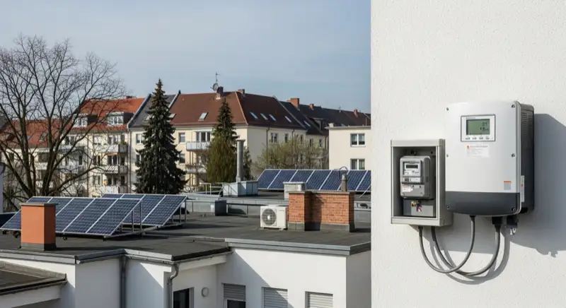 Modern German electrical meter cabinet (Zählerschrank) with smart meter and solar inverter connection, clean technical installation