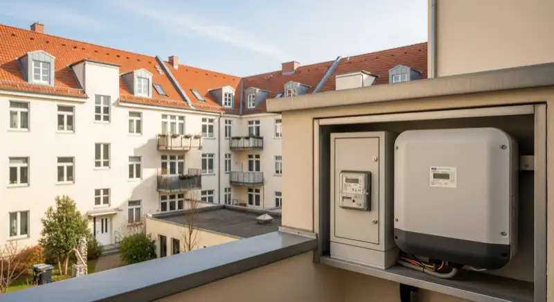Modern German electrical meter cabinet (Zählerschrank) with smart meter and solar inverter connection, clean technical installation