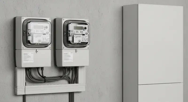 Modern German electrical meter cabinet (Zählerschrank) with smart meter and solar inverter connection, clean technical installation