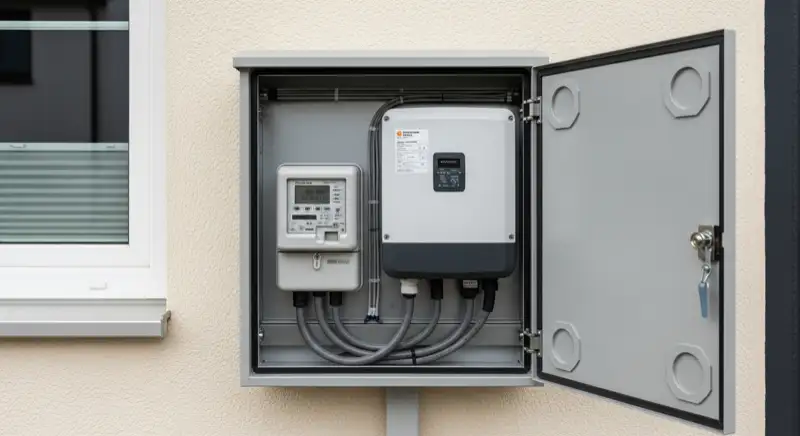 Modern German electrical meter cabinet (Zählerschrank) with smart meter and solar inverter connection, clean technical installation