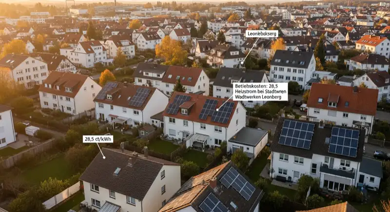 Aerial drone view of typical German residential neighborhood with mixed roof types, red and dark roof tiles, gardens visible, sunny day
