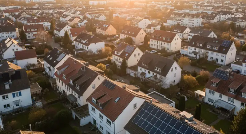 Aerial drone view of typical German residential neighborhood with mixed roof types, red and dark roof tiles, gardens visible, sunny day