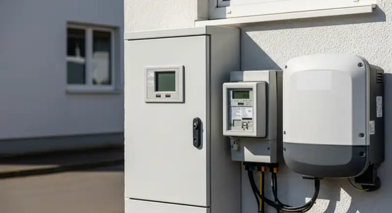 Modern German electrical meter cabinet (Zählerschrank) with smart meter and solar inverter connection, clean technical installation