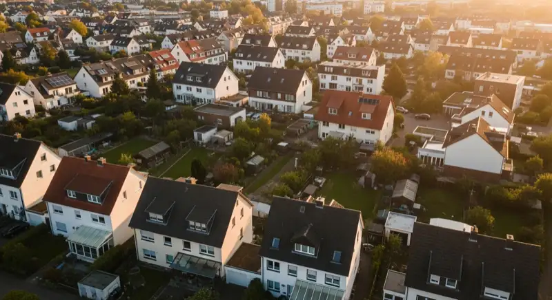 Aerial drone view of typical German residential neighborhood with mixed roof types, red and dark roof tiles, gardens visible, sunny day
