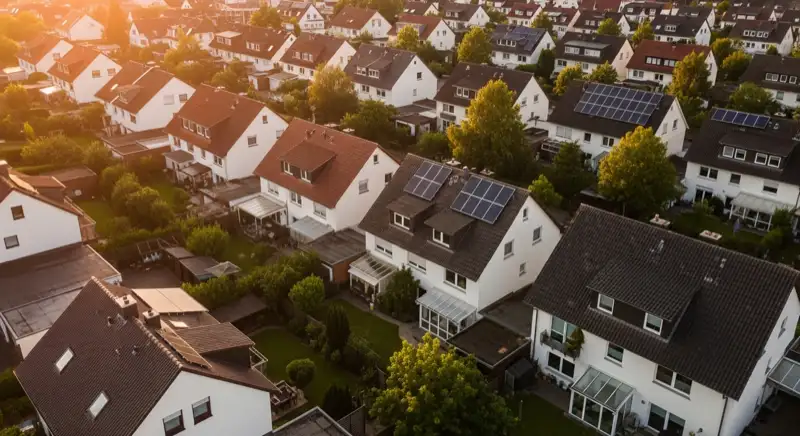 Aerial drone view of typical German residential neighborhood with mixed roof types, red and dark roof tiles, gardens visible, sunny day