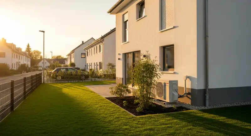 Modernes Einfamilienhaus in Leverkusen mit Wärmepumpen-Außengerät im Garten