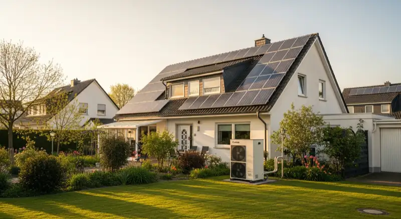 German detached house (Einfamilienhaus) with photovoltaic panels on pitched roof, well-maintained garden, warm afternoon sunlight