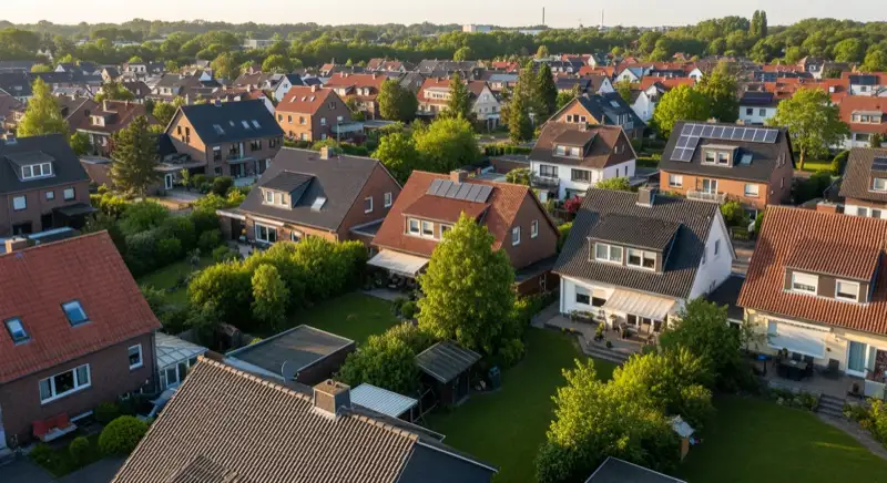 Aerial drone view of typical German residential neighborhood with mixed roof types, red and dark roof tiles, gardens visible, sunny day