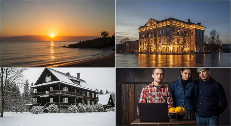 Aerial drone view of typical German residential neighborhood with mixed roof types, red and dark roof tiles, gardens visible, sunny day