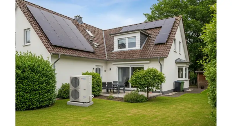 Einfamilienhaus in Brügge mit Wärmepumpen-Außeneinheit im Vorgarten