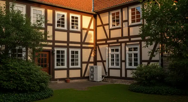 Historisches Fachwerkhaus in Lutherstadt Wittenberg mit moderner Wärmepumpen-Außeneinheit im Hinterhof
