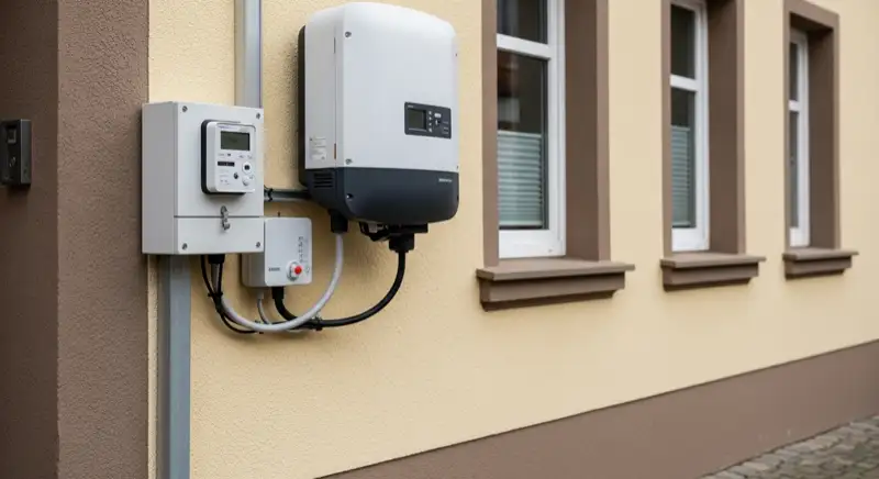 Modern German electrical meter cabinet (Zählerschrank) with smart meter and solar inverter connection, clean technical installation
