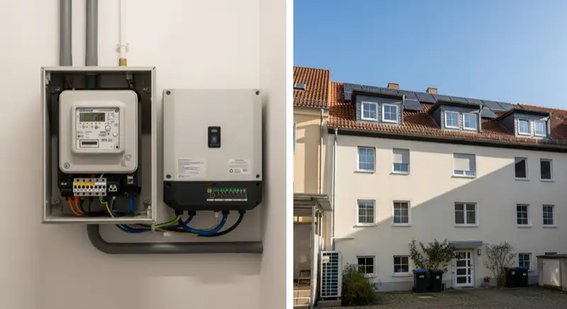 Modern German electrical meter cabinet (Zählerschrank) with smart meter and solar inverter connection, clean technical installation