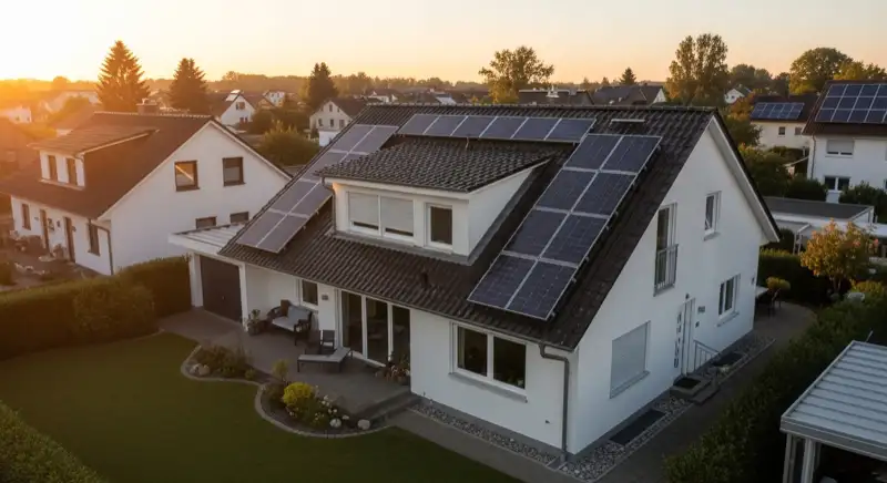 German detached house (Einfamilienhaus) with photovoltaic panels on pitched roof, well-maintained garden, warm afternoon sunlight