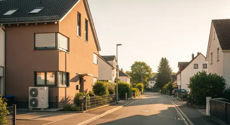 Einfamilienhausstraße in Maintal mit Wärmepumpen-Außeneinheit vor einem Wohnhaus