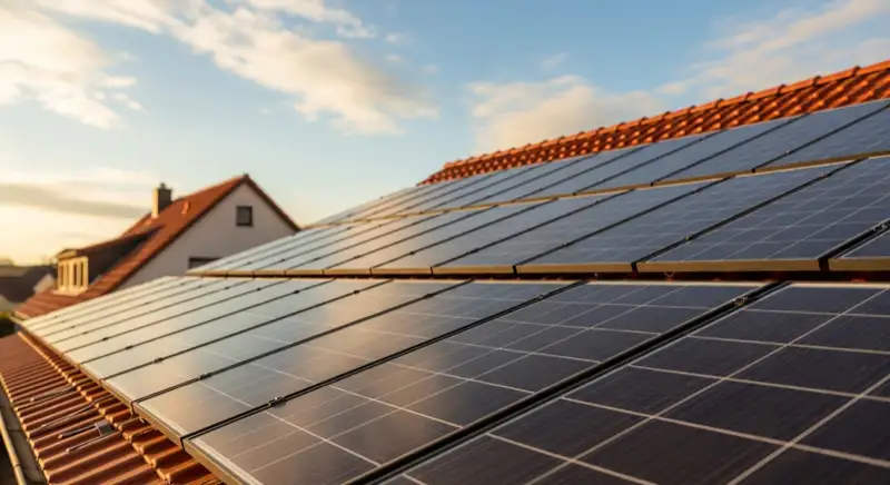 Close-up of photovoltaic solar panels installed on a traditional German Satteldach (gabled roof), blue sky with some clouds
