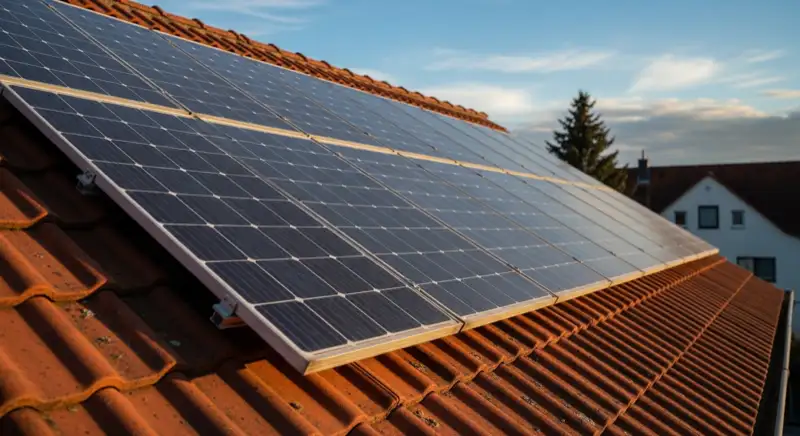 Close-up of photovoltaic solar panels installed on a traditional German Satteldach (gabled roof), blue sky with some clouds