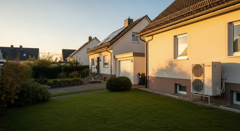 Einfamilienhaus-Siedlung in Bischofsheim mit Wärmepumpen-Außeneinheit