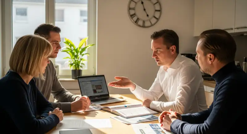 Energieberater mit Kostenaufstellung für Wärmepumpen in Mainz, Laptop und Dokumente auf dem Schreibtisch
