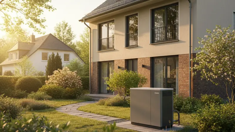 Wärmepumpe vor einem Mannheimer Einfamilienhaus, moderne Luft-Wasser-Wärmepumpe im Garten