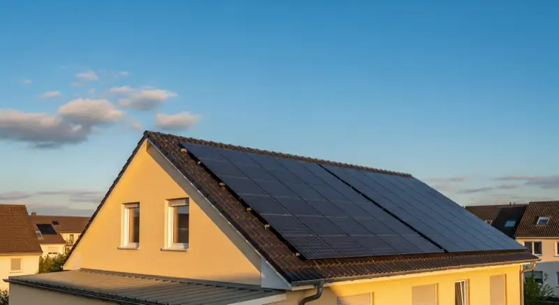 Close-up of photovoltaic solar panels installed on a traditional German Satteldach (gabled roof), blue sky with some clouds