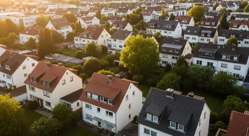 Aerial drone view of typical German residential neighborhood with mixed roof types, red and dark roof tiles, gardens visible, sunny day