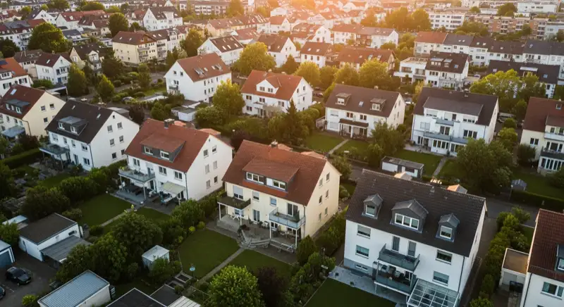 Aerial drone view of typical German residential neighborhood with mixed roof types, red and dark roof tiles, gardens visible, sunny day